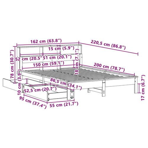 Seng med reol uden madras 150x200 cm massivt fyrretræ hvid