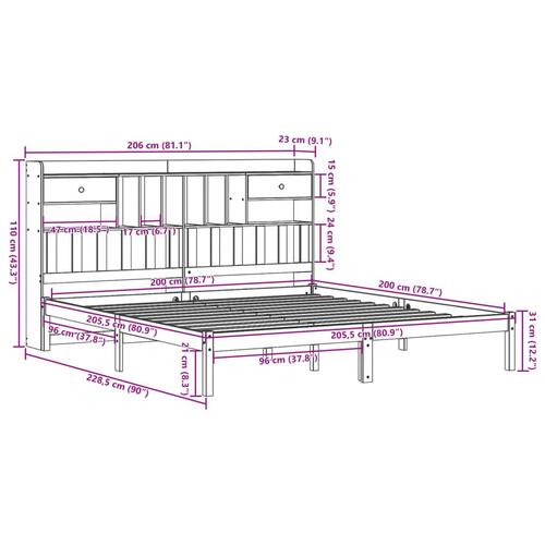 Seng med reol uden madras 200x200 cm massivt fyrretræ
