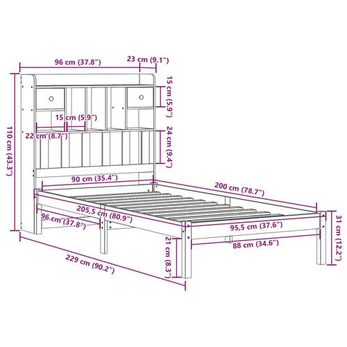 Seng med reol uden madras 90x200 cm massivt fyrretræ gyldenbrun