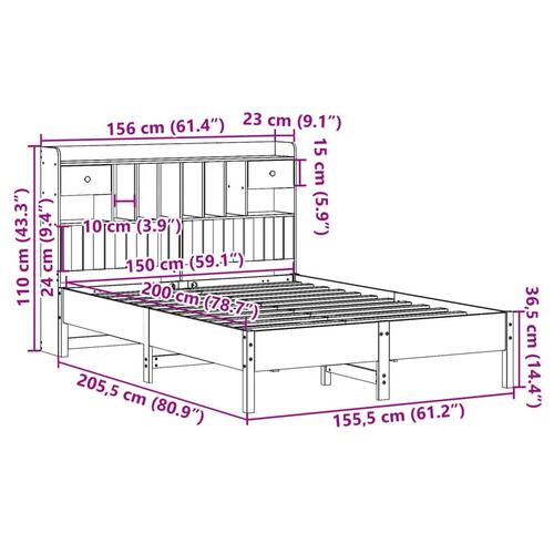 Seng med reol uden madras 150x200 cm massivt fyrretræ