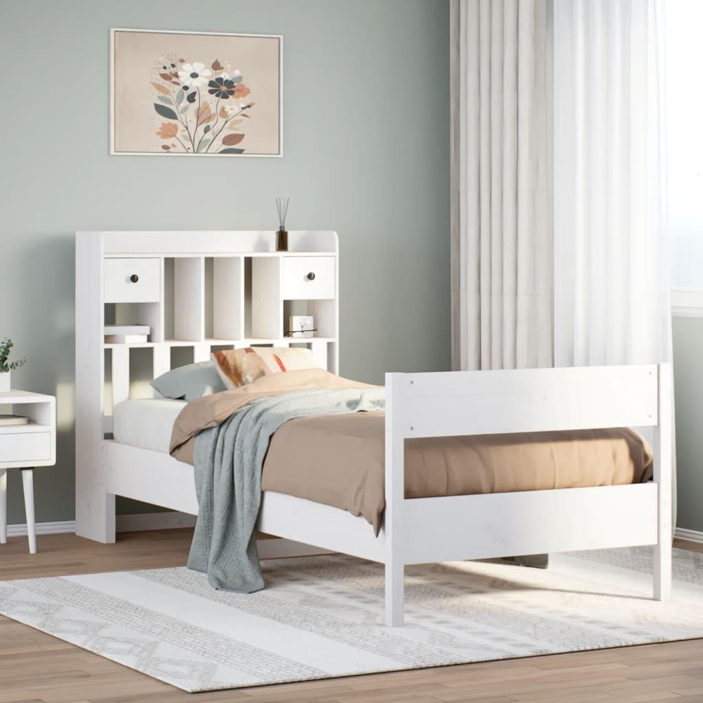 Seng med reol uden madras 75x190 cm massivt fyrretræ hvid billede