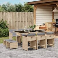 Spisebordssæt til haven 11 dele med hynder polyrattan beige