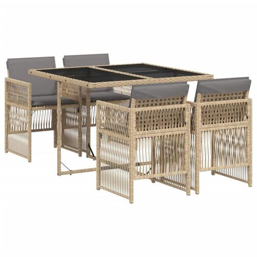 Spisebordssæt til haven 5 dele med hynder polyrattan beige