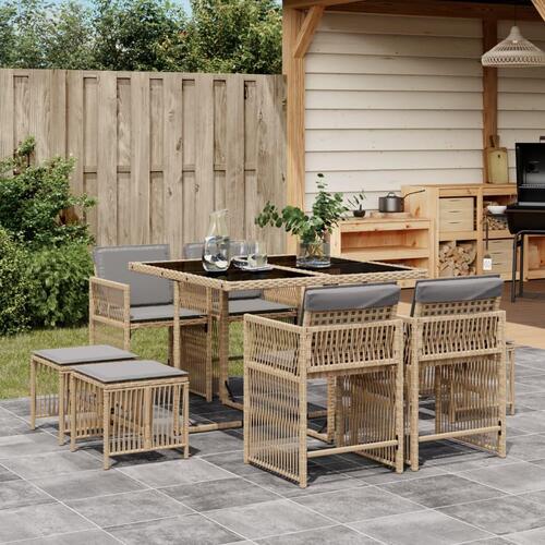 Spisebordssæt til haven 9 dele med hynder polyrattan beige