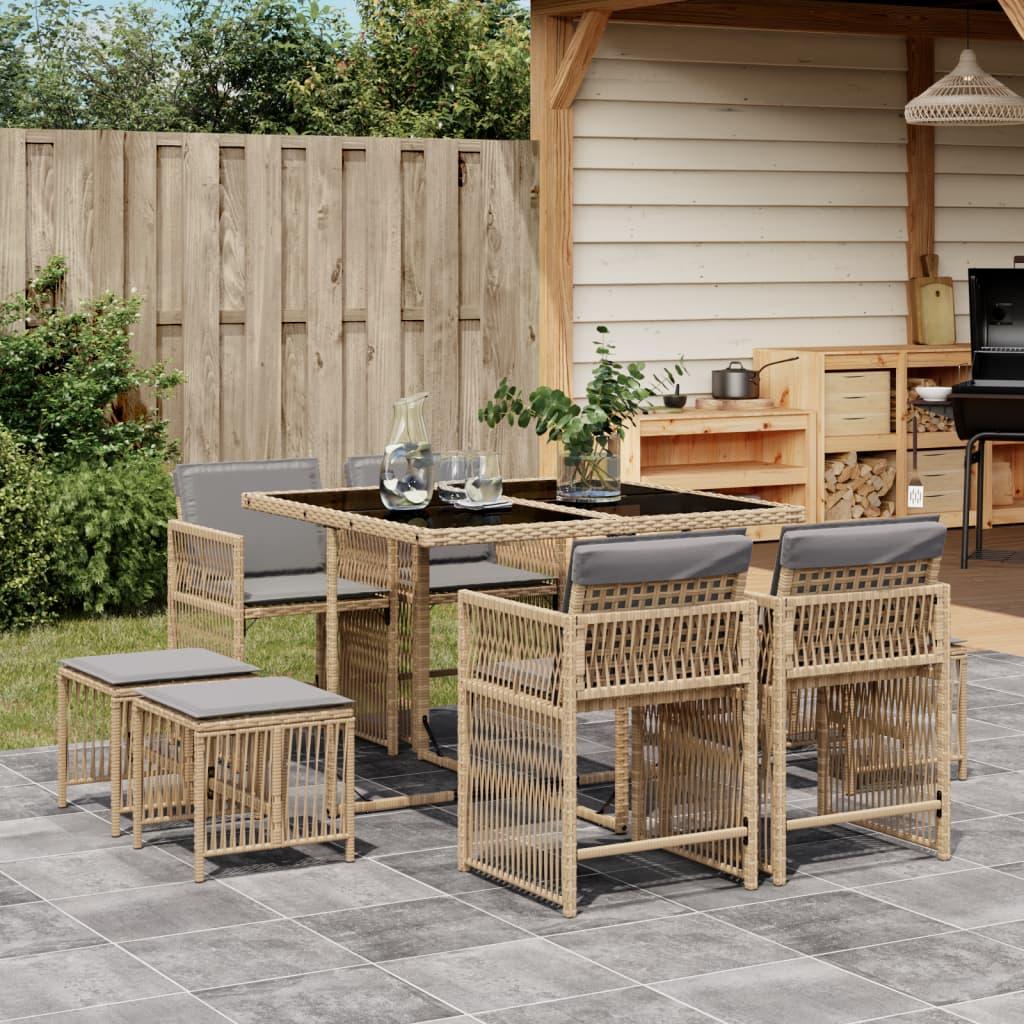 Spisebordssæt til haven 9 dele med hynder polyrattan beige
