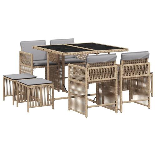Spisebordssæt til haven 9 dele med hynder polyrattan beige