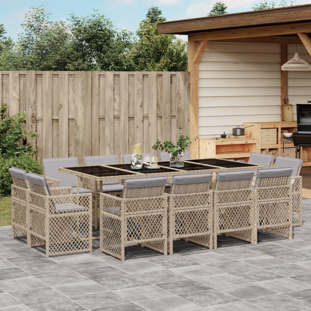 Spisebordssæt til haven 13 dele med hynder polyrattan beige