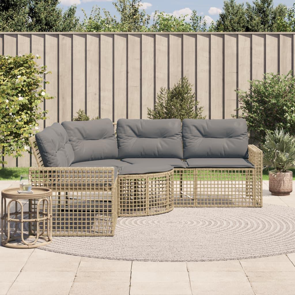 Havesofa med hynder og fodskammel L-formet polyrattan beige