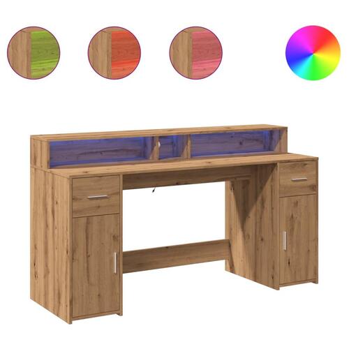 Skrivebord med LED-lys 160x155x91 cm konstrueret træ gammelt eg