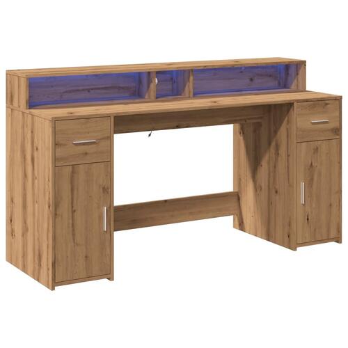 Skrivebord med LED-lys 160x155x91 cm konstrueret træ gammelt eg