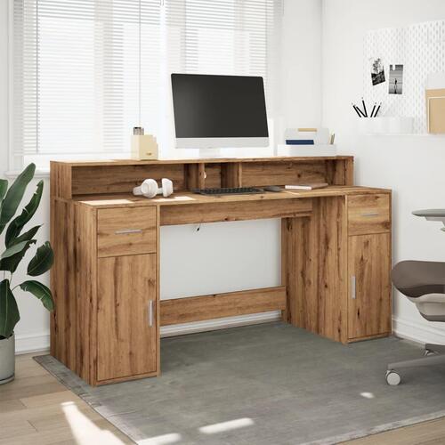 Skrivebord med LED-lys 160x155x91 cm konstrueret træ gammelt eg