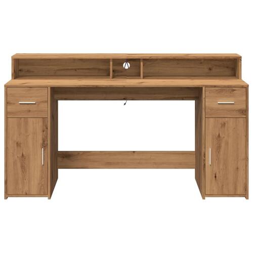 Skrivebord med LED-lys 160x155x91 cm konstrueret træ gammelt eg