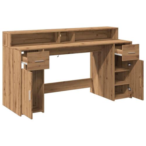 Skrivebord med LED-lys 160x155x91 cm konstrueret træ gammelt eg