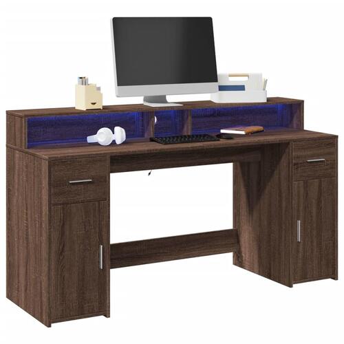 Skrivebord med LED-lys 160x55x91 cm konstrueret træ brunt eg