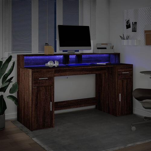 Skrivebord med LED-lys 160x55x91 cm konstrueret træ brunt eg
