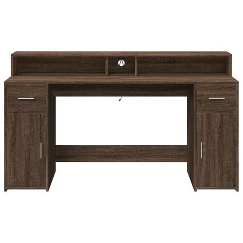 Skrivebord med LED-lys 160x55x91 cm konstrueret træ brunt eg