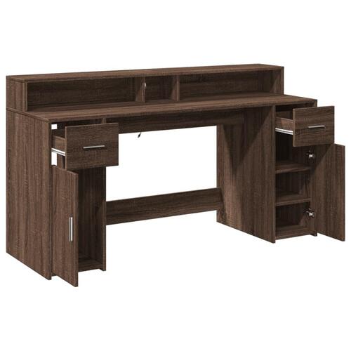 Skrivebord med LED-lys 160x55x91 cm konstrueret træ brunt eg