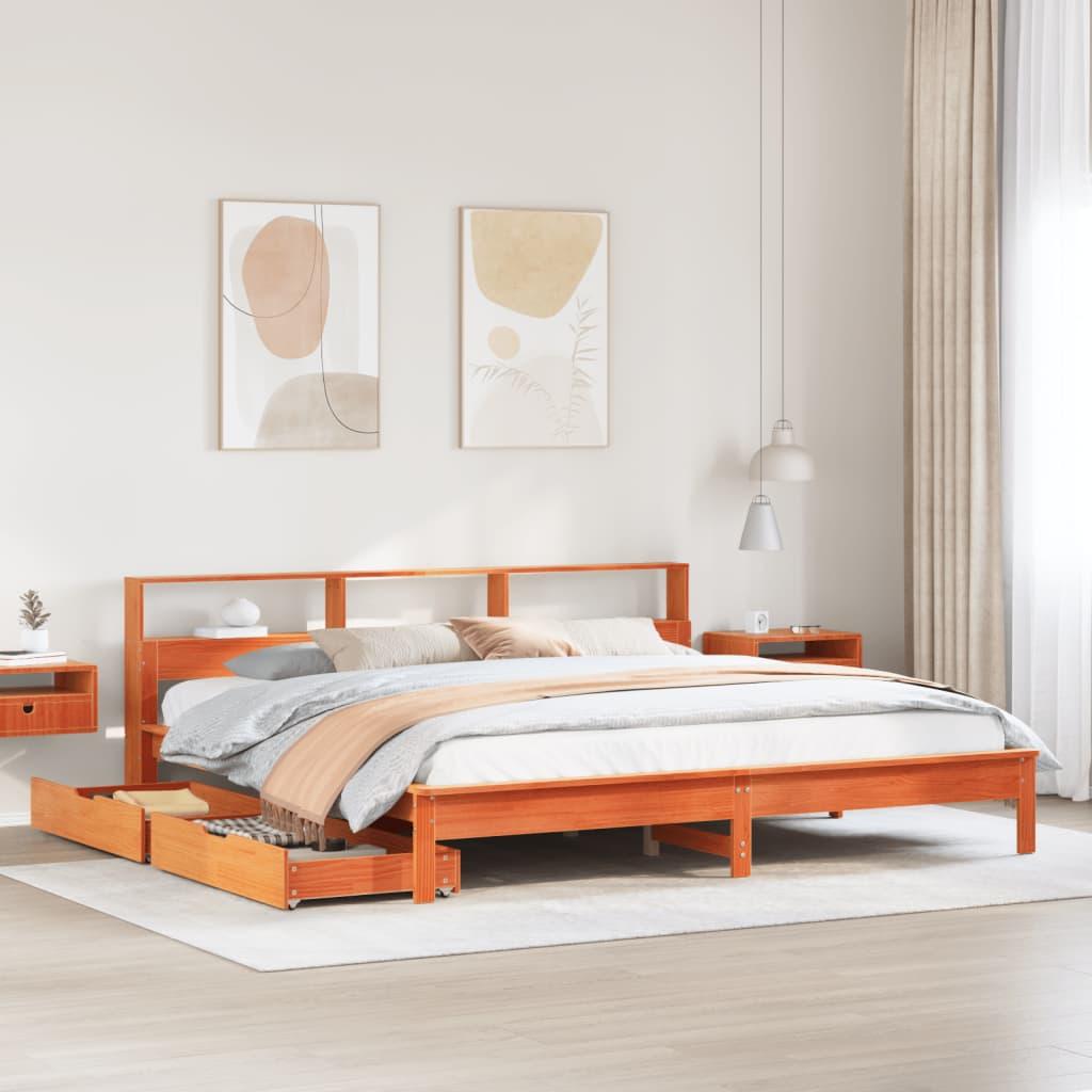 Seng med reol uden madras 180x200cm massivt fyrretræ gyldenbrun