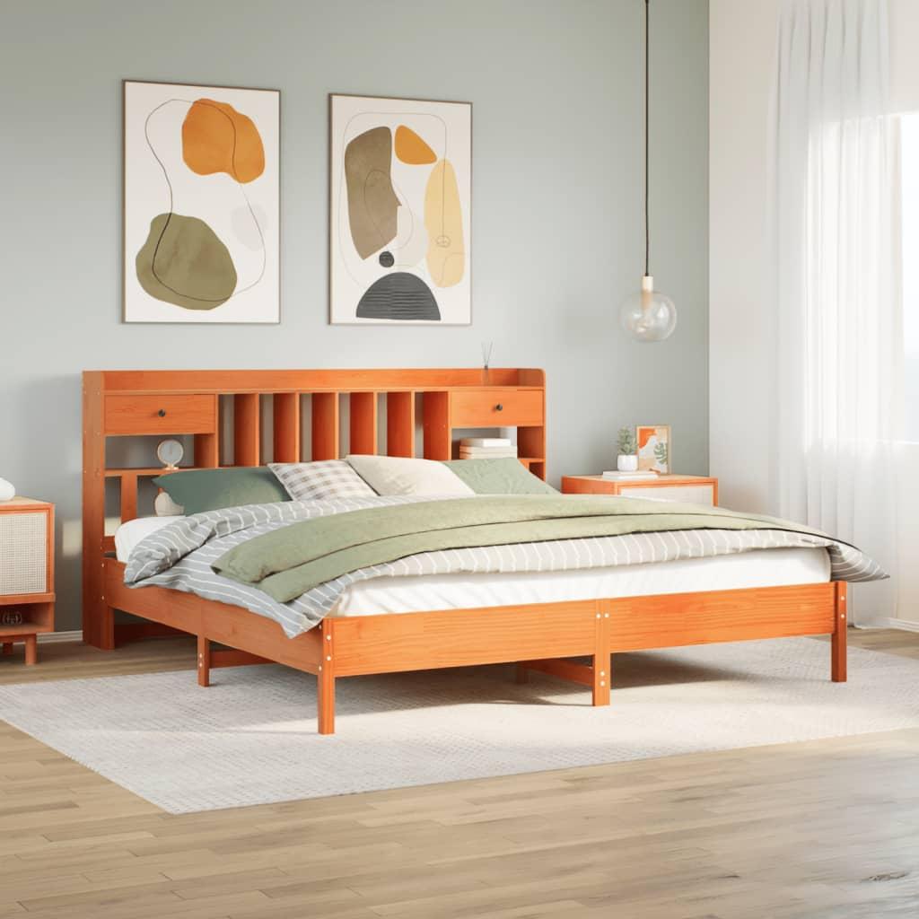 Seng med reol uden madras 200x200cm massivt fyrretræ gyldenbrun