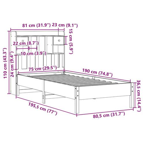 Seng med reol uden madras 75x190 cm massivt fyrretræ hvid