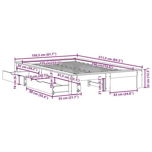 Sengeramme uden madras 135x190 cm massivt fyrretræ hvid