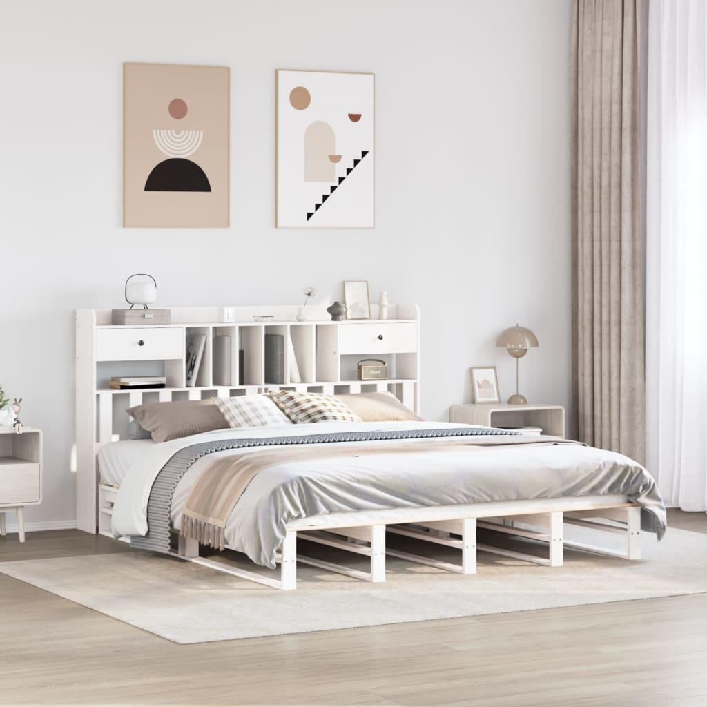 Seng med reol uden madras 200x200 cm massivt fyrretræ hvid