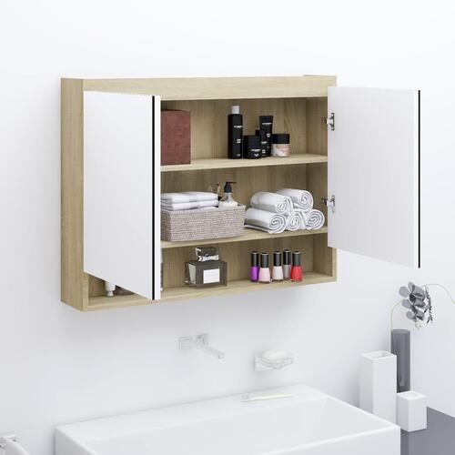 Badeværelsesskab med spejl 80x15x60 cm MDF hvid og eg