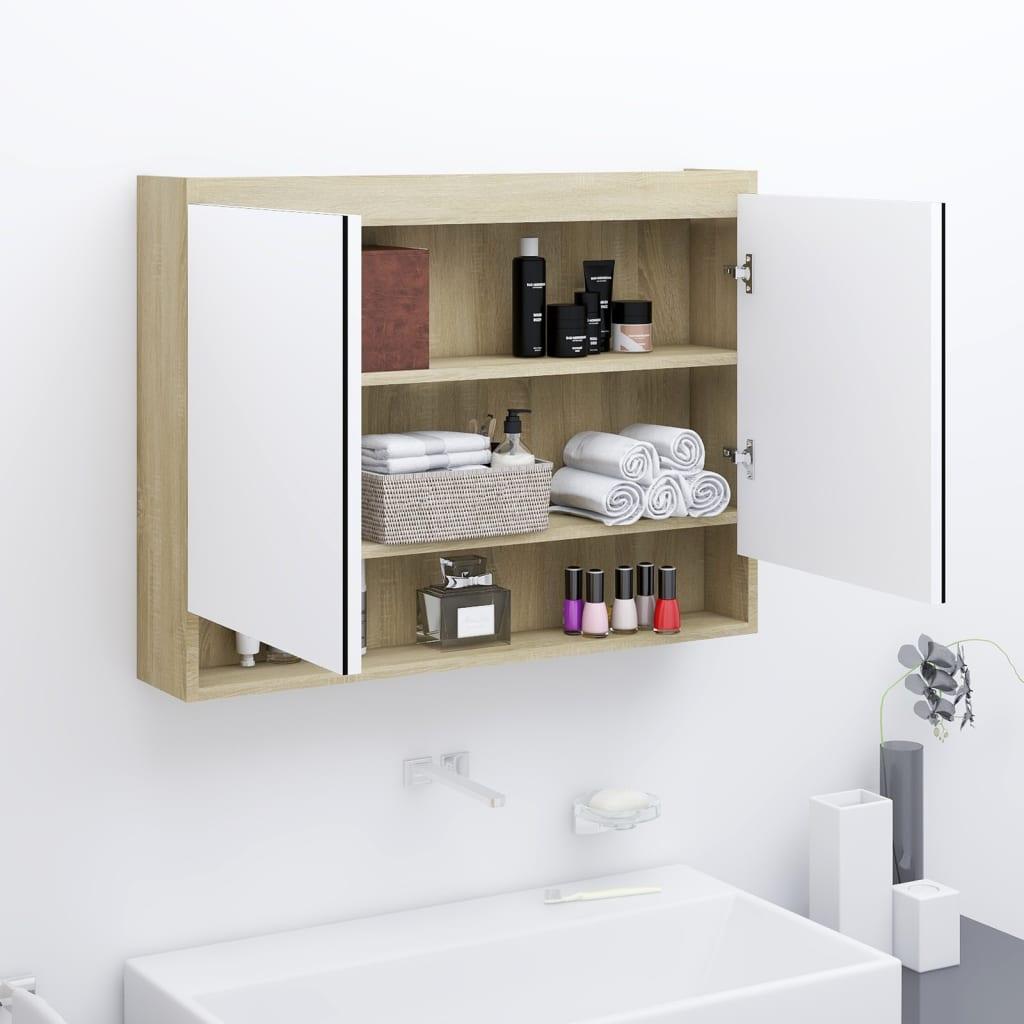 Badeværelsesskab med spejl 80x15x60 cm MDF hvid og eg