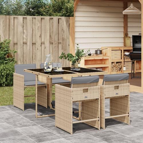 Spisebordssæt til haven 5 dele med hynder polyrattan beige