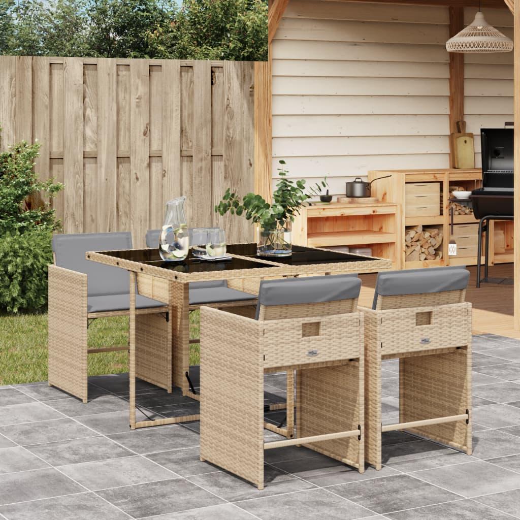 Spisebordssæt til haven 5 dele med hynder polyrattan beige