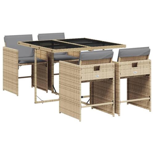 Spisebordssæt til haven 5 dele med hynder polyrattan beige