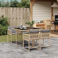Spisebordssæt til haven 5 dele med hynder polyrattan beige