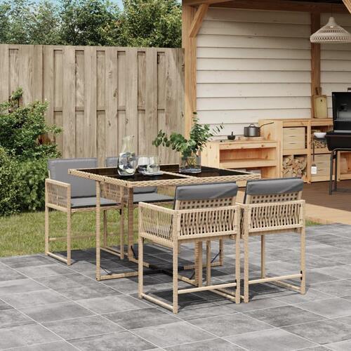 Spisebordssæt til haven 5 dele med hynder polyrattan beige