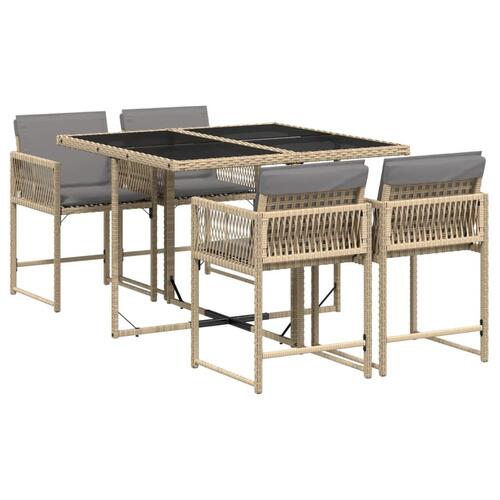 Spisebordssæt til haven 5 dele med hynder polyrattan beige