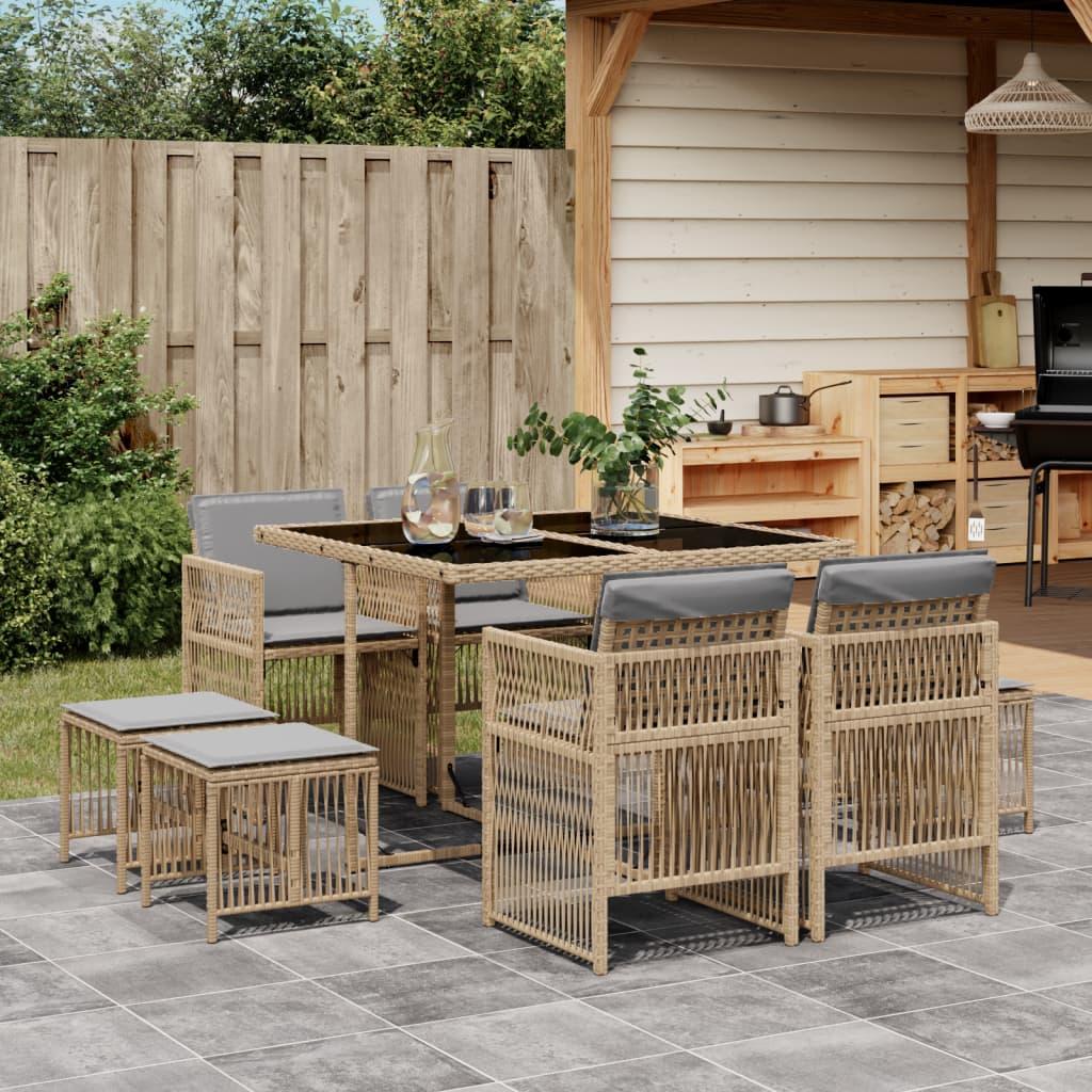 Spisebordssæt til haven 9 dele med hynder polyrattan beige billede