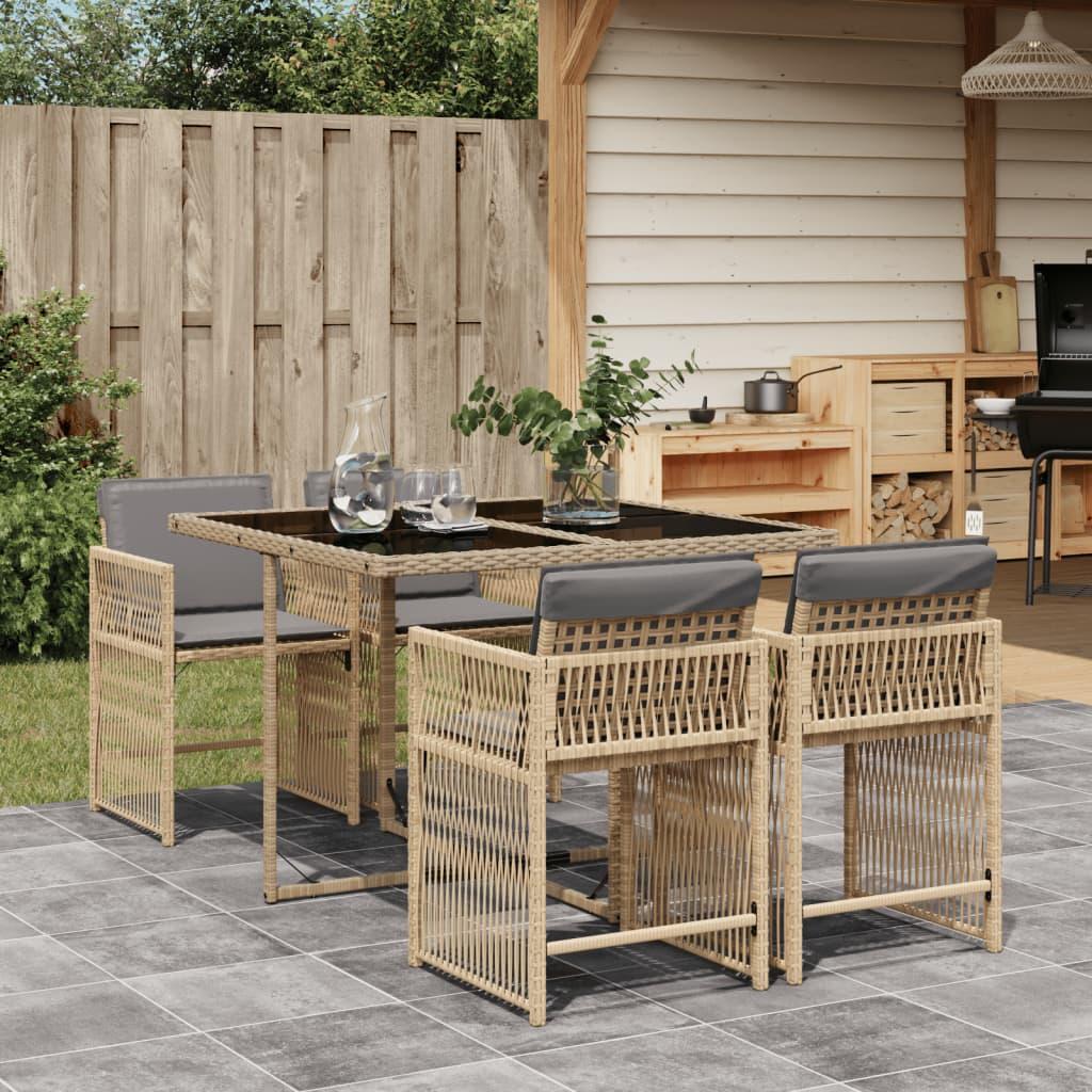 Spisebordssæt til haven 5 dele med hynder polyrattan beige