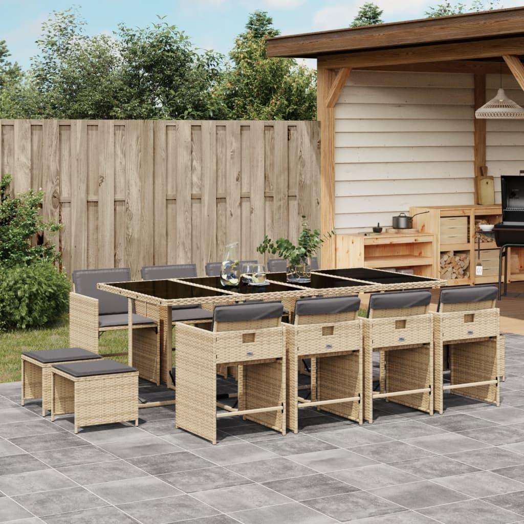 Spisebordssæt til haven 13 dele med hynder polyrattan beige