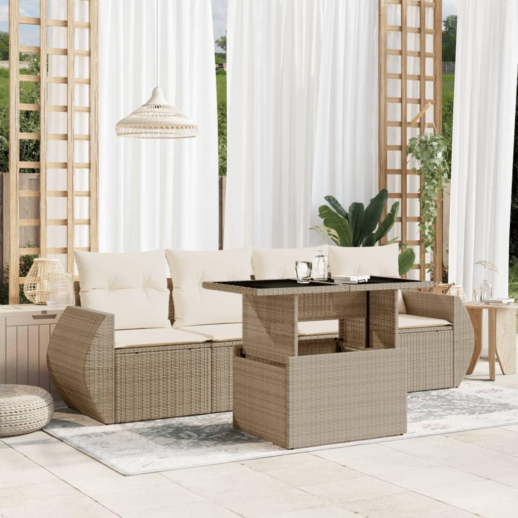 Sofasæt til haven 5 dele med hynder polyrattan beige