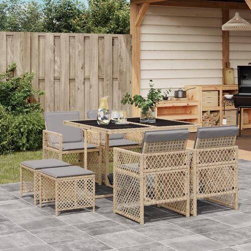 Spisebordssæt til haven 9 dele med hynder polyrattan beige