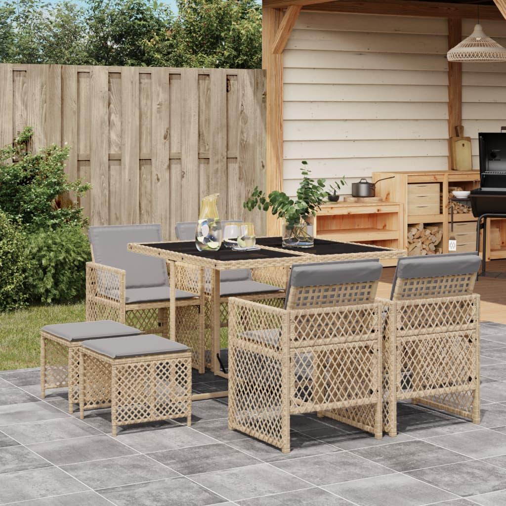 Spisebordssæt til haven 9 dele med hynder polyrattan beige