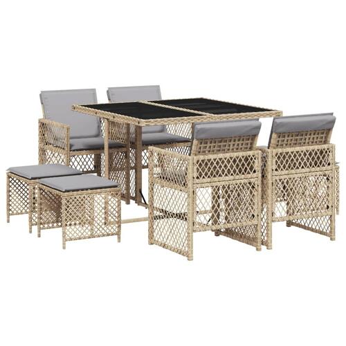 Spisebordssæt til haven 9 dele med hynder polyrattan beige