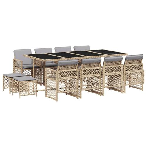 Spisebordssæt til haven 13 dele med hynder polyrattan beige