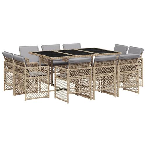 Spisebordssæt til haven 11 dele med hynder polyrattan beige