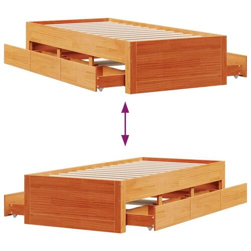Sengeramme m. skuffer 75x190 cm uden madras massivt fyr brun