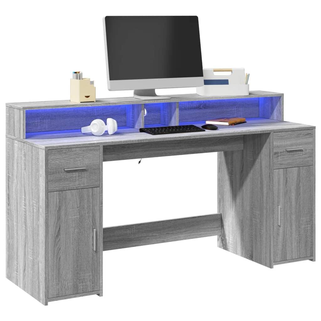 Skrivebord m. LED-lys 160x55x91 cm konstrueret træ grå sonoma