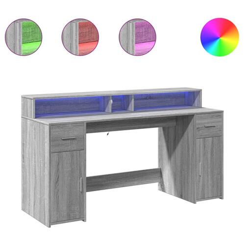 Skrivebord m. LED-lys 160x55x91 cm konstrueret træ grå sonoma