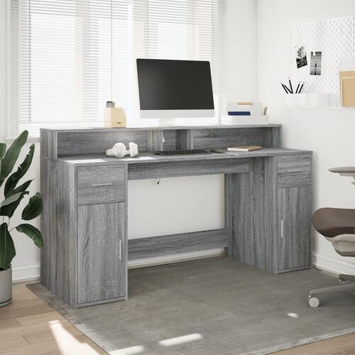 Skrivebord m. LED-lys 160x55x91 cm konstrueret træ grå sonoma
