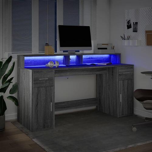 Skrivebord m. LED-lys 160x55x91 cm konstrueret træ grå sonoma