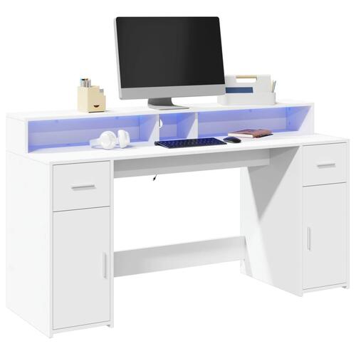 Skrivebord med LED-lys 160x55x91 cm konstrueret træ hvid