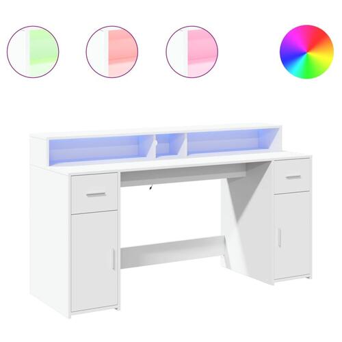 Skrivebord med LED-lys 160x55x91 cm konstrueret træ hvid